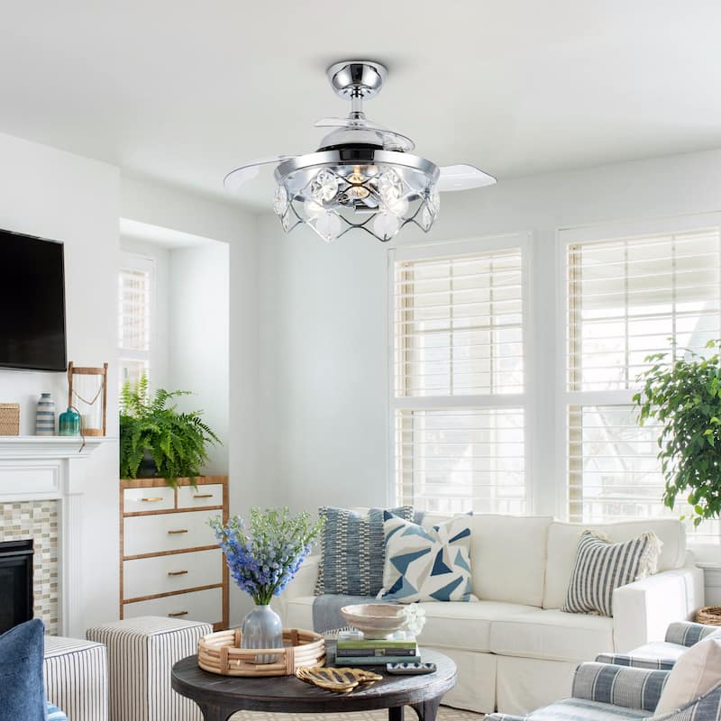 36-inch Modern Chrome Foldable Blades Crystal Chandelier Ceiling Fan with Remote - 36-in W