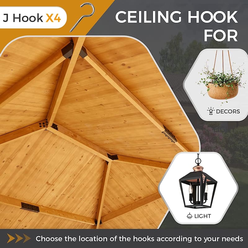 Hardtop Wood Gazebo for Patio, Outdoor Cedar/Spruce Pergola with Metal or Asphalt Roof, All-Weather Backyard Shelter