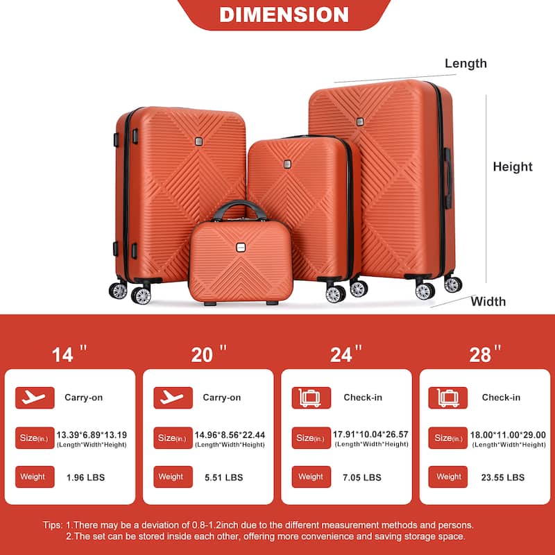 4-piece ABS Lightweight Suitcase Set with 14 inch Makeup Case, Aircraft Wheels (14/20/24/28)