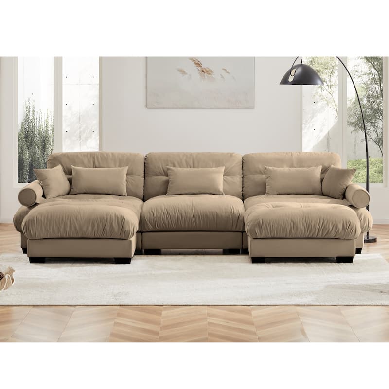 Modern Sectional Couch Comfortable Upholstered Sofa Set with Lumbar Pillow and Throw Pillow for Living Room - 3 Seats + 2 Ottoman - Camel