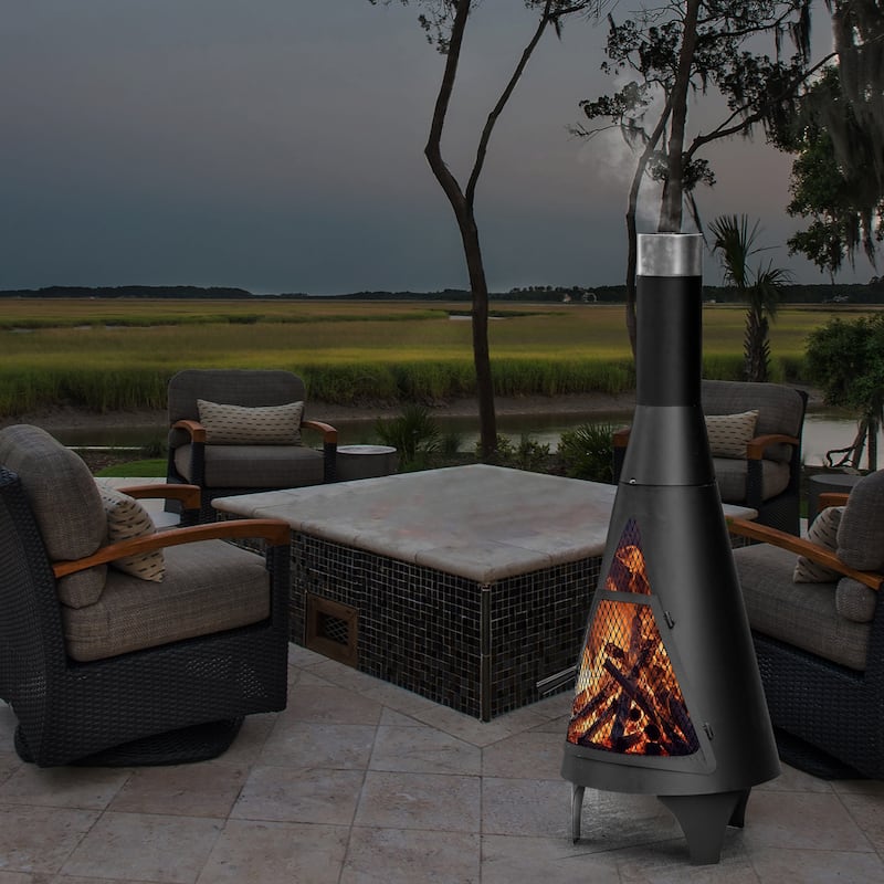 50" Black Outdoor Metal Wood Burning Chimenea Patio Heater Fire Pit for Backyard or Deck, Includes Fire Pit Poker Handle