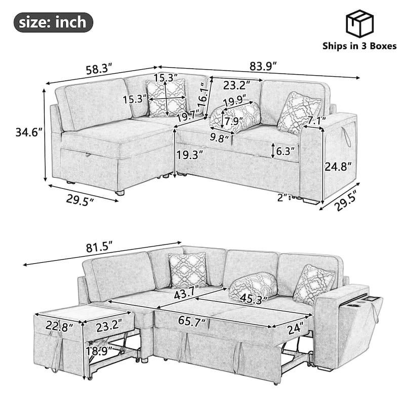L-Shaped Sectional Sofa Convertible Sofa Bed with Dual Pull-Out Sleepers Sofa, Flip-Top Table, USB Ports, Cup Holder and Storage