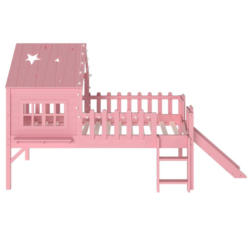 Twin Size House Loft Bed with Slide,Playhouse Bed with Star Moon-shaped Designs and Window, Chic Design with LED Lights