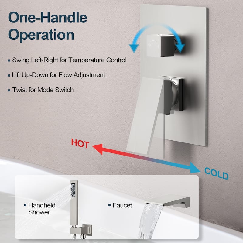 GRANDJOY Shower Faucet set Wall Mount Waterfall Tub Spout and Hand Shower Combo