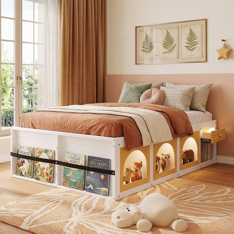 Wooden Platform Bed with Footboard Bookshelf, LED Display Cabinet and Drawer Storage by Harper&Bright Designs - White+Natural - Full