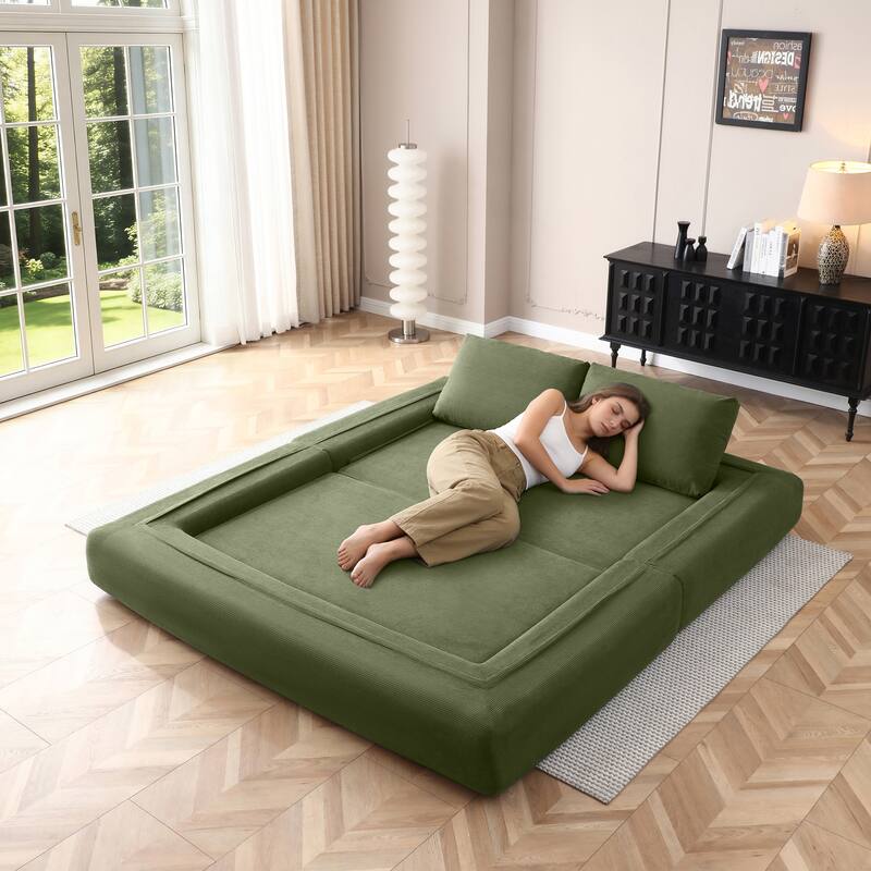 Anmytek 81 Inch Convertible Sofa Bed 3 in 1 Folding Floor Couch Corduroy Sleeper Mattress with Pillows Green