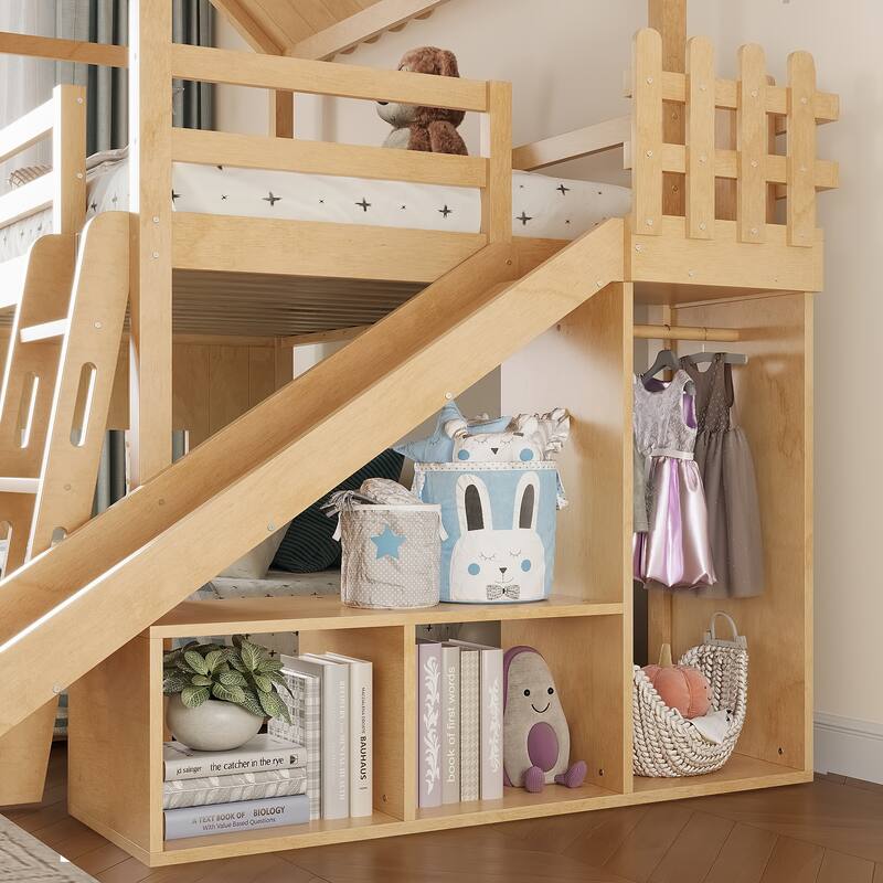 Twin over Full House Bunk Bed with Ladders and Slides, House Floor Bunk Bed with Storage Shelves and Wardrobe