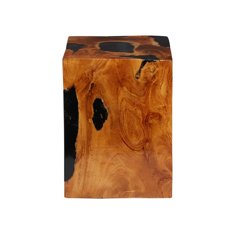 Teak Wood Abstract Block Accent Table with Black Resin Inlay - Brown - Roche River Decor - 11"Wx12"Lx15"H