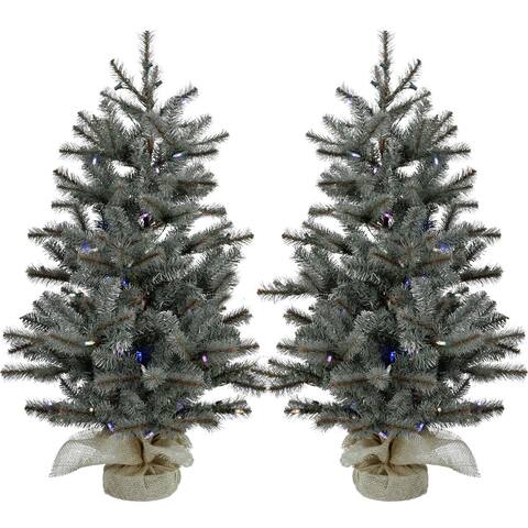Christmas Time Set of Two 2-Ft. Yardville Pine Artificial Porch Trees with Burlap Bases and Multi-Colored LED String Lights
