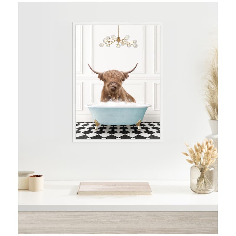 Kate and Laurel Sylvie Highland Cow in Blue Bathtub on Checker Floor Framed Canvas by Amy Peterson
