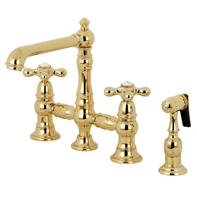 Kingston Brass English Country Bridge Kitchen Faucet with Sprayer - Polished Brass