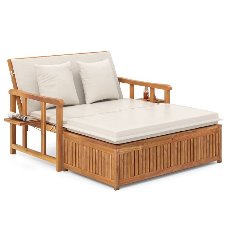 Off-White Cushion Acacia Wood Patio Daybed Set with Adjustable Backrest 4 in 1 Ottoman - 29"-49" x 47" x 34.5"-14.5" (L x W x H)