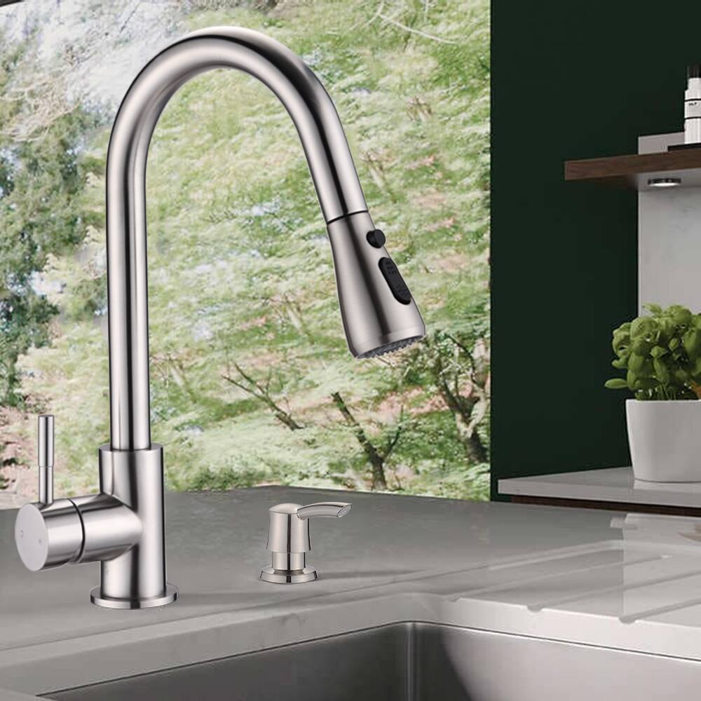 Proox Commercial Single Handle Pull Down Sprayer Kitchen Sink Faucet with Soap Dispenser