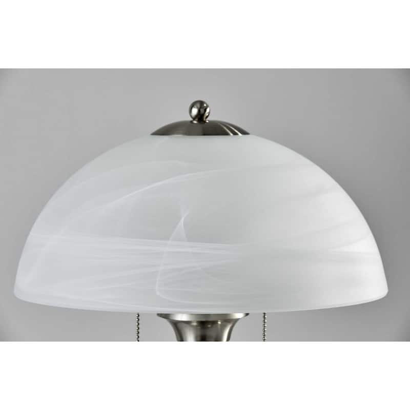 Brown Walnut Wood and Silver Metal Table Lamp with White Glass Dome Shade - 13.5” x 13.5” x 22.5” (D x W x H)