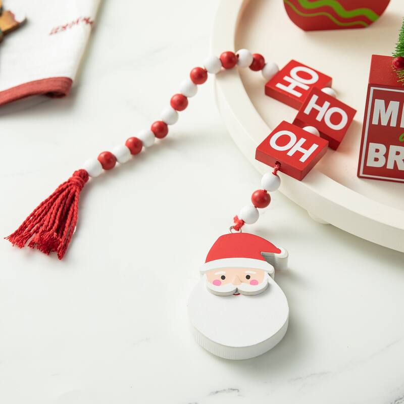 Glitzhome Set of 11 Christmas Wooden Word Signs Fabric Santa Bead Garlands Tiered Tray Set Xmas Table Decor