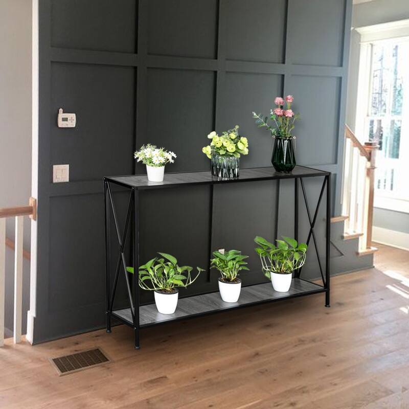Modern 2-Layers Iron Base Console Table Grey - Black