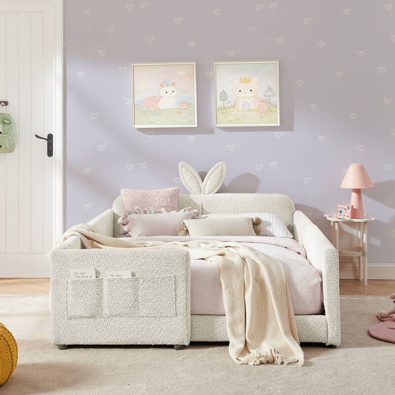 Full Size Upholstered Platform Bed with Cute Rabbit Ear Shaped Headboard, with Safety Rail and Pocket, Boucle Fabric - Beige