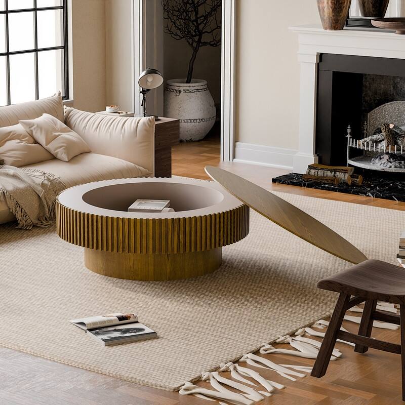 39.37" Round Coffee Table with Storage Solid Wood Veneered Modern Accent Table for Living Room or Bedroom