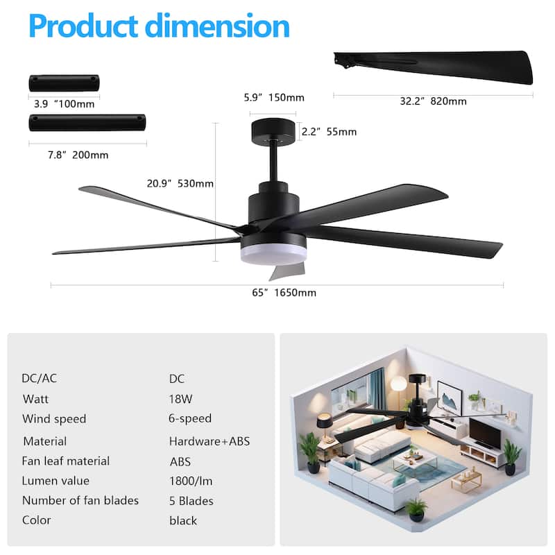 65 Inch Ceiling Fan with Light, 5-Blade Dimmable LED Ceiling Fan with Remote Control, Modern Quiet Design - Black