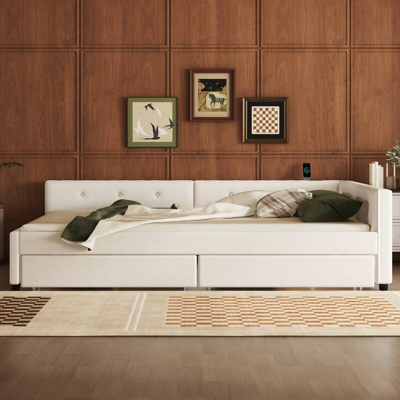 Beige Upholstered Daybed Platform Bed with 2 Storage Drawers Underbed, USB Charging, Linen Fabric, Wood Slat Daybed Frame