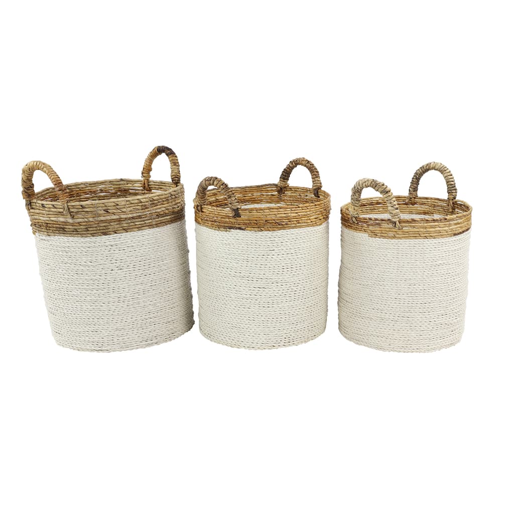 Seagrass Handmade Two Toned Storage Basket with Handles - Set of 3 White - Roche River Decor - 16"W x 16"L x 16"H