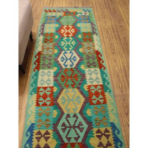 Hand-Woven Sangat Kilim Aisara Lt. Green/Purple Runner - 2'9" x 9'8"