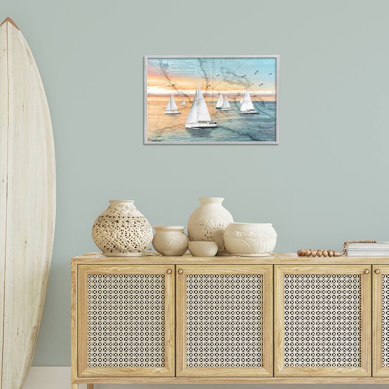 Stupell Nautical Ships & Vintage Map Framed Giclee Art Design By Amber Sterling