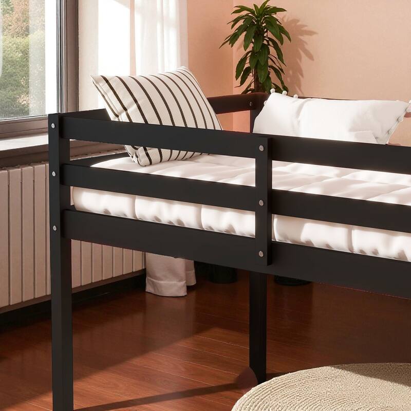 Solid Wood Twin Loft Bed with Ladder, Rubber Wood Frame Low Height Design with Guard Rails and Storage Space