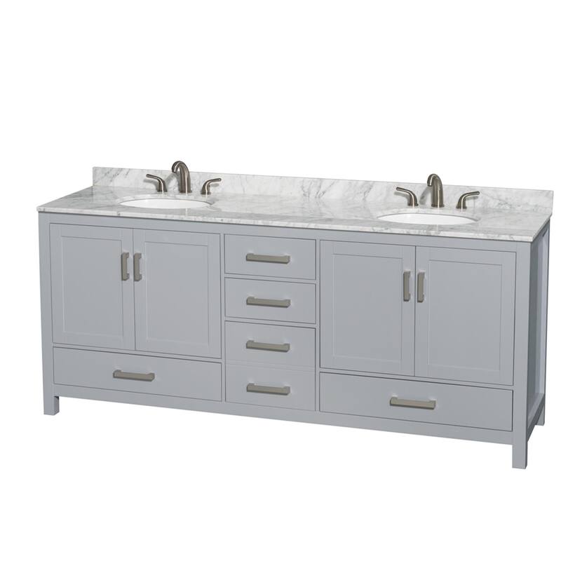 Wyndham Collection Sheffield 80" Freestanding Vanity Set with Hardwood - Gray / White Carrara Marble Top - Ash Finish