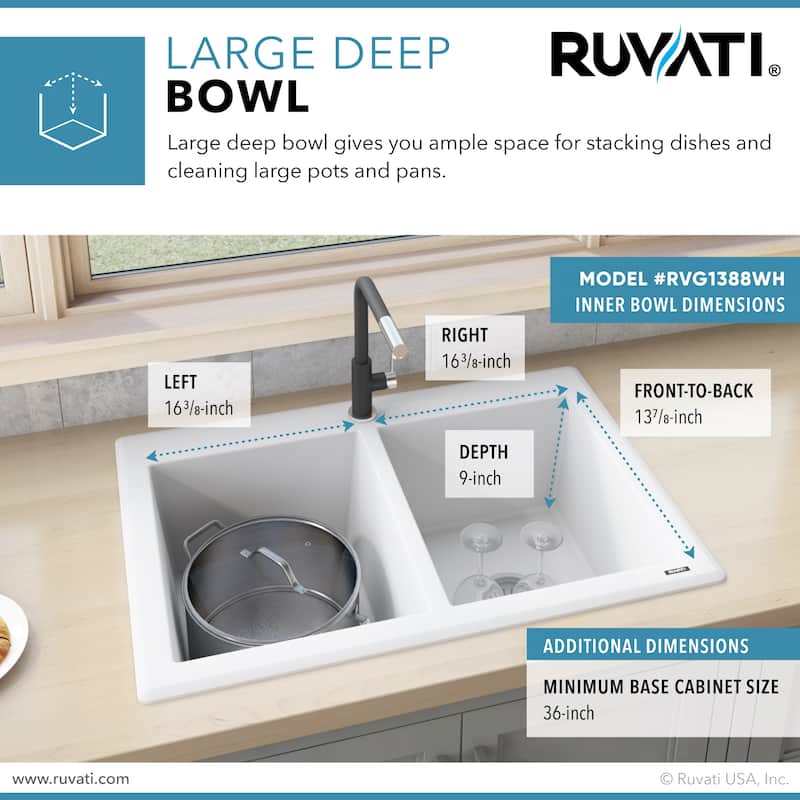 Ruvati 33 x 22 inch epiGranite Topmount Granite Composite Double Bowl Kitchen Sink - Arctic White - RVG1388WH