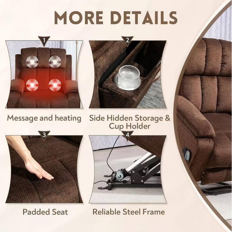 Power Lift Recliner with Extended Footrest,Overstuffed Chenille Dual Motor Recliners with Heat/Message,USB Type C Charging