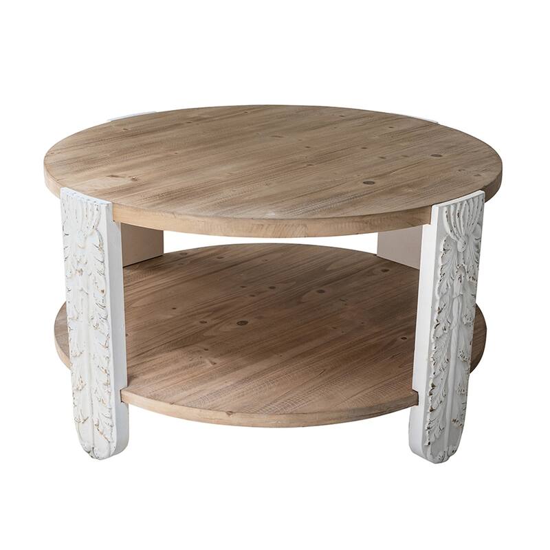 Round Wooden Coffee Table with Natural Brown Finish, Carved White Legs, and Lower Storage Shelf