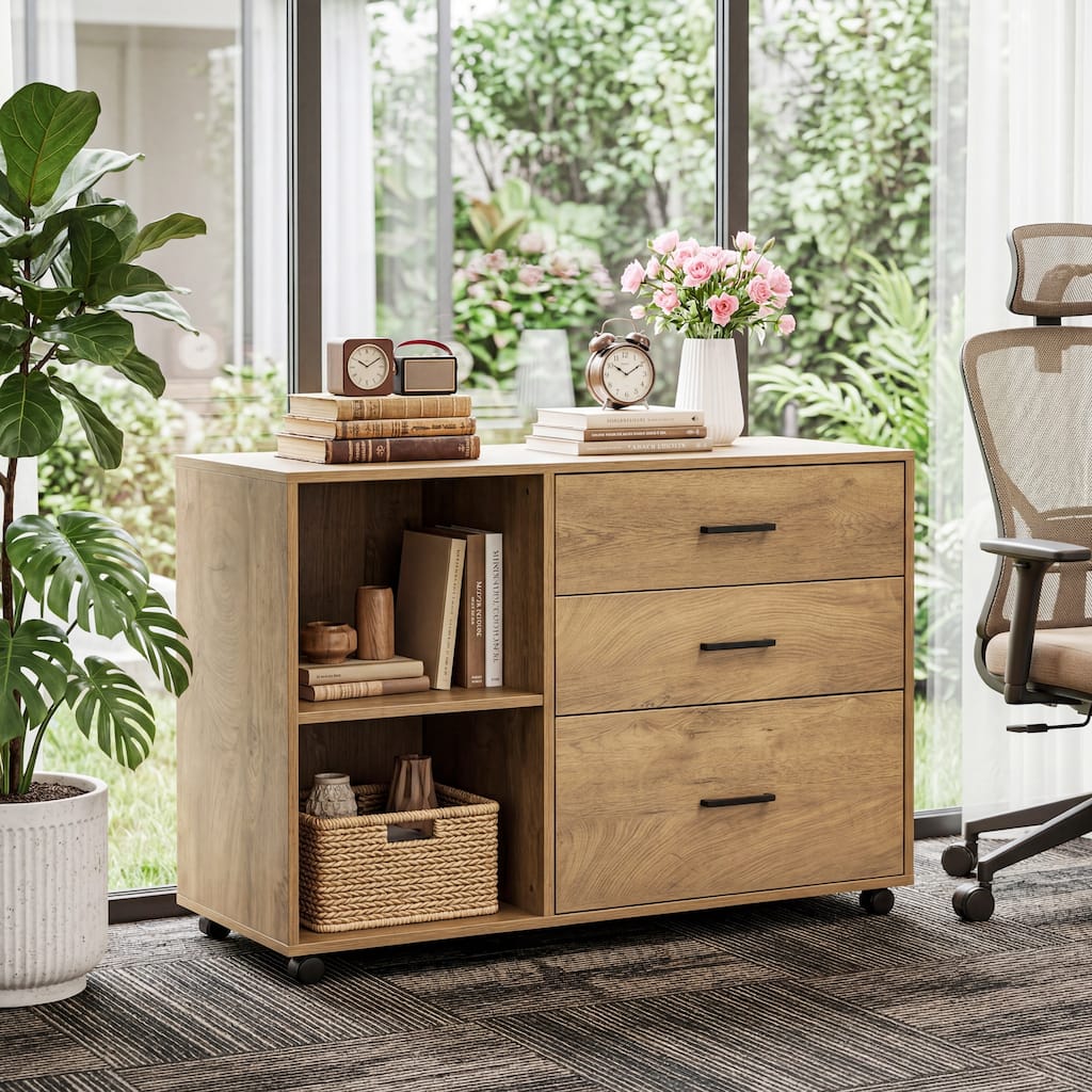 39-Inch Rolling File Cabinet with 3 Drawers, Home Office Lateral Filing Cabinet, Modern Printer Stand with Storage Shelves