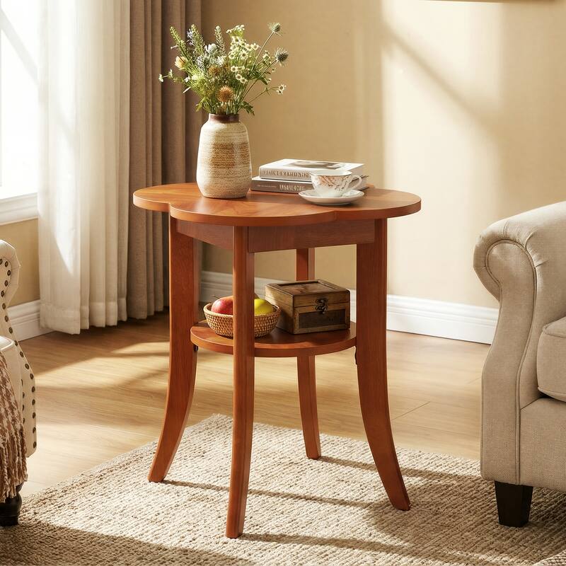 2 Tier Solid Wood End Table, Couch Side Table with Storage Shelf for Living Room / Bedroom - 1-PC