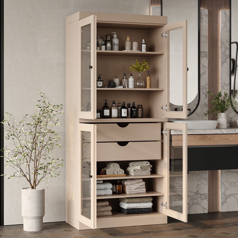 Palace Imports 100% Solid Wood Bathroom Storage Cabinet, Clear Glass Doors, 2 Drawers, Adjustable Shelves, 32" Wide, 71.5" Tall