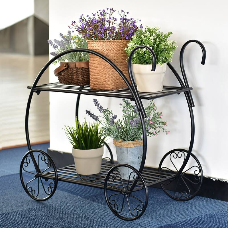 Garden Cart Metal Plant Stand Flower Pot Holder Display Shelf
