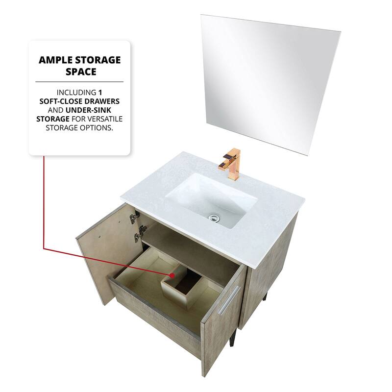 30 in. Rustic Acacia Bath Vanity with Marble Top, Rose Gold Labaro Faucet, and 28 in. Mirror, Soft-Close Doors, Bathroom Storage