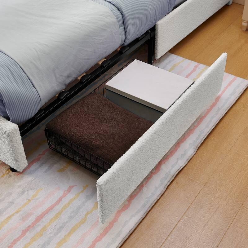 Kids Boucle Upholstered Bed with Rabbit Ear Headboard, LED Music Sync & 4 Drawers