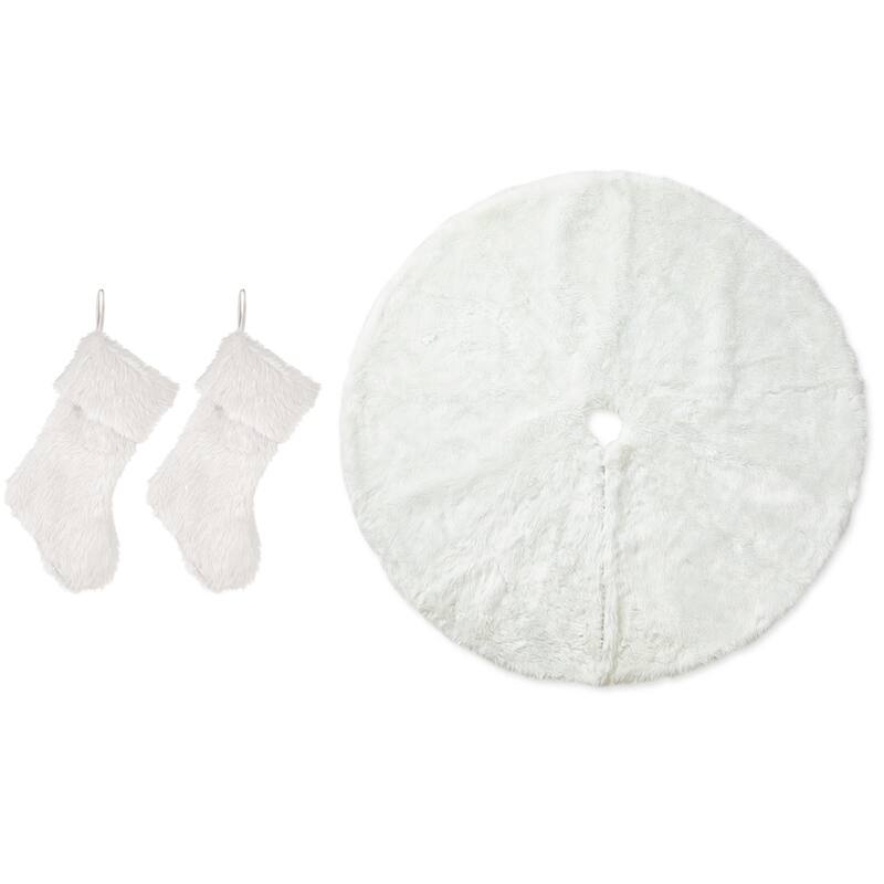 Glitzhome Set of 3 Red or White Snowflake Christmas Stocking and Tree Skirt Decoration - White Plush