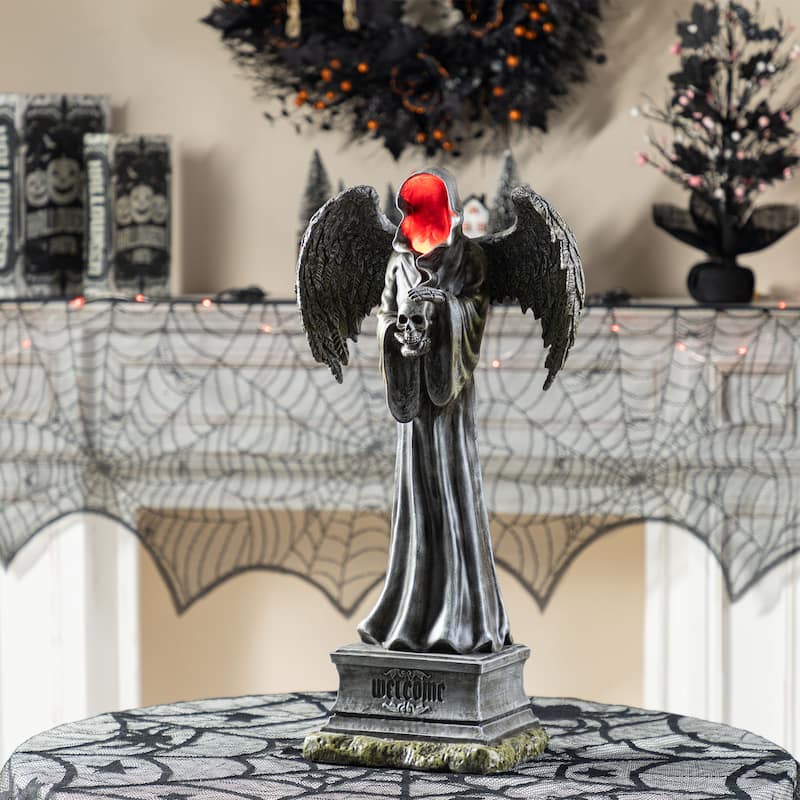 Glitzhome 24"H LED Halloween Indoor/Outdoor Grim Reaper Figurine Porch Decor Light-up Face with Timer