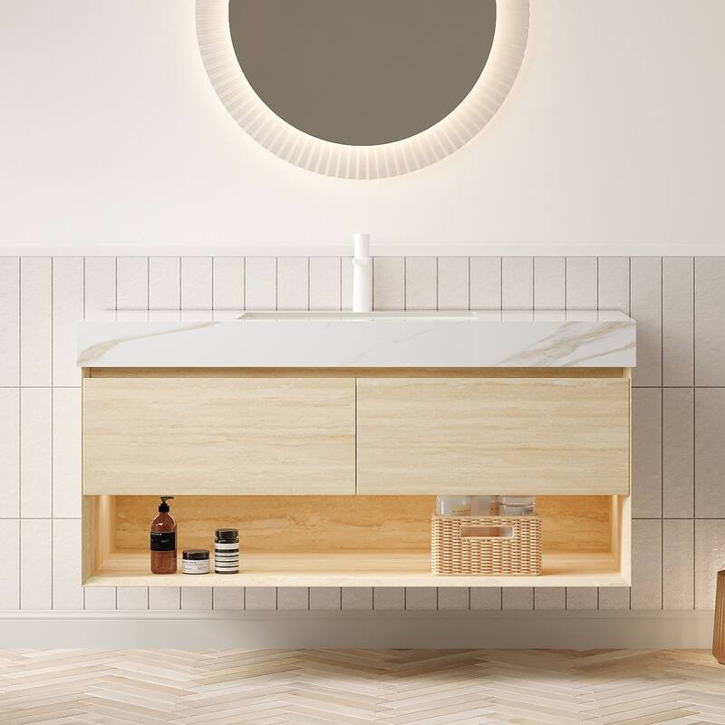 Floating Bathroom Vanity Cabinet with Ceramic Sink & Auto-Sensing LED Light, 30"/48" Sintered Stone Top Bathroom Vanity - Beige+White - 48 Inch