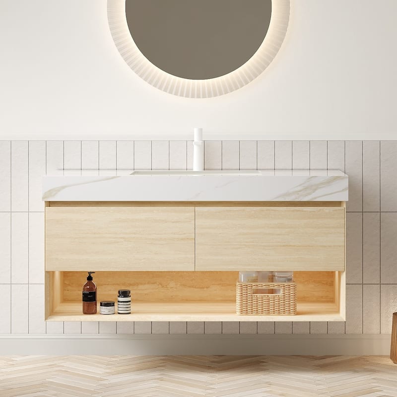 GDFStudio - Frigga Modern Floating Beveled Edge Bathroom Vanity with Sensor Light & Calacatta Gold Sintered Stone Top