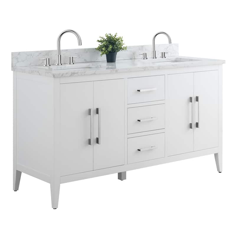 Vanity Art 60" Double Sink Bathroom Vanity Cabinet with Engineered Marble Top