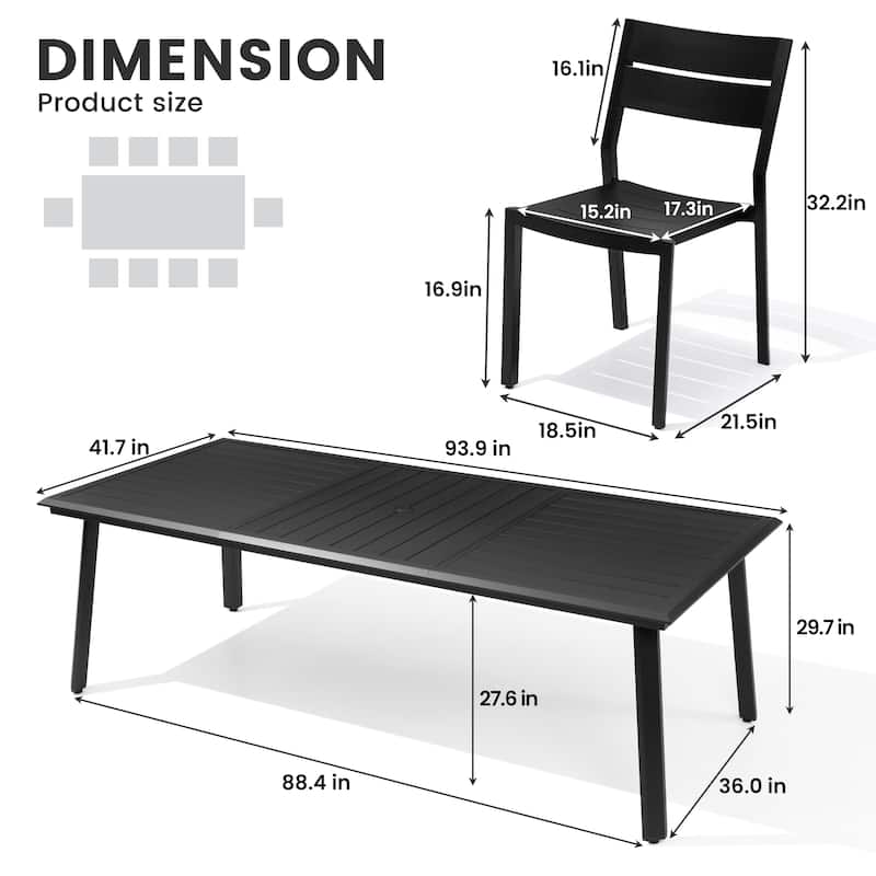 11-Piece Outdoor Aluminum Dining Table with Umbrella Hole and Stackable Chairs Set