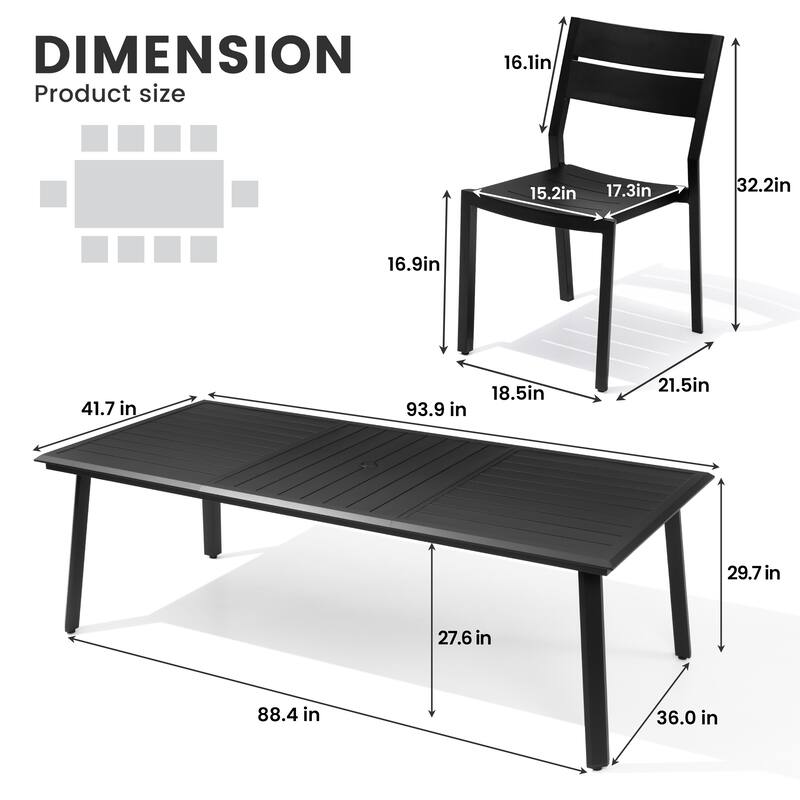 7/9/11/13-Piece Patio Dining Set Outdoor All-Weather Aluminum Dining Table with Umbrella Hole and Stackable Chairs
