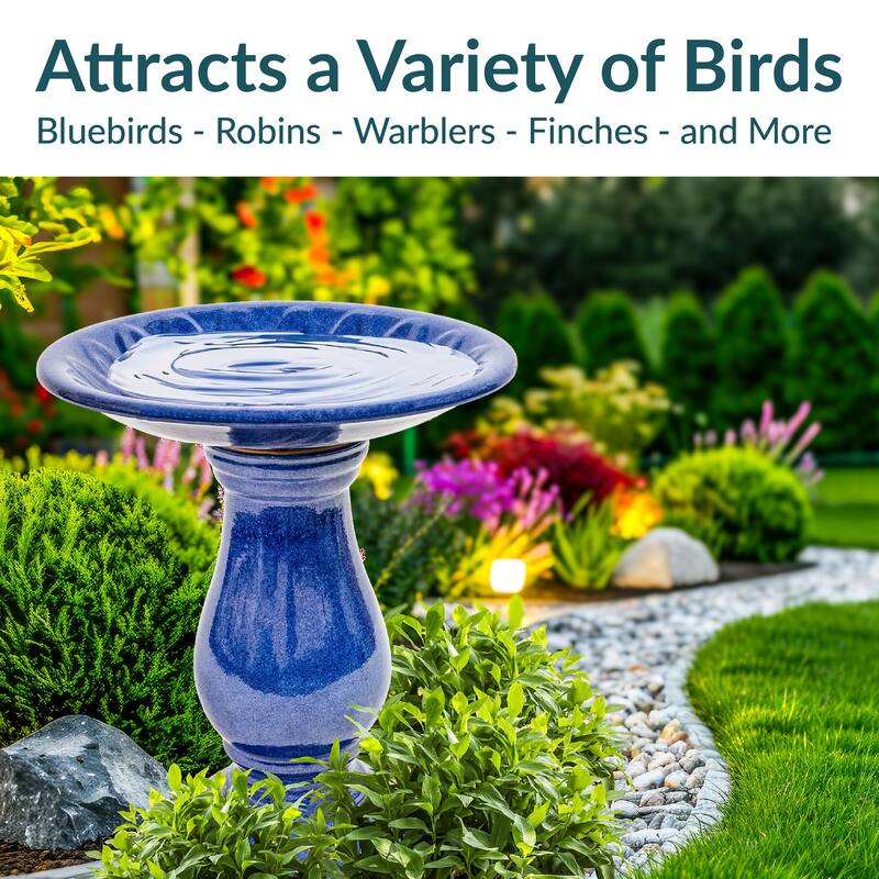 Sunnydaze Daisy Embossed Bowl Glazed Ceramic Bird Bath - Blue - 21.5" H
