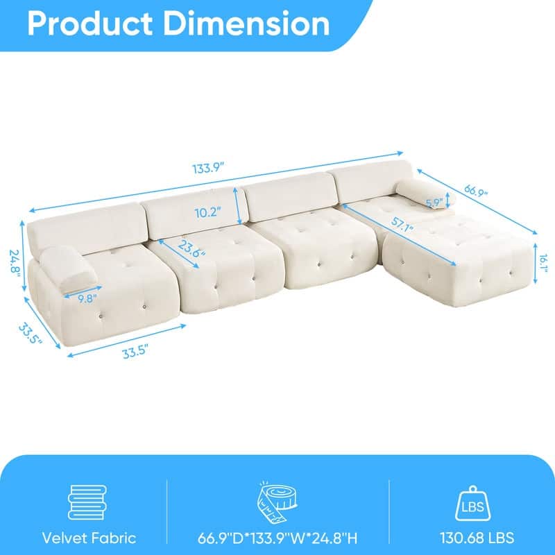 Mixoy 134inch Modular Sectional Sofa with Ottoman,Velvet L-Shaped Couch Indoor for Living Room - 133.9"w x 66.9"D x 24.8"H