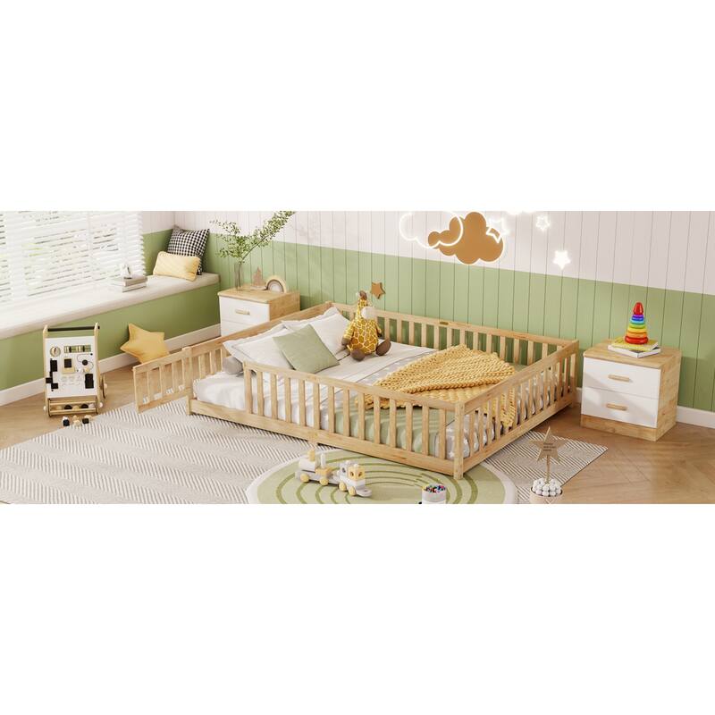 Roomfitters Queen Floor Bed with Surround Fence and Swing Door, Rubber Wood Platform with Guardrails and Slats, Natural