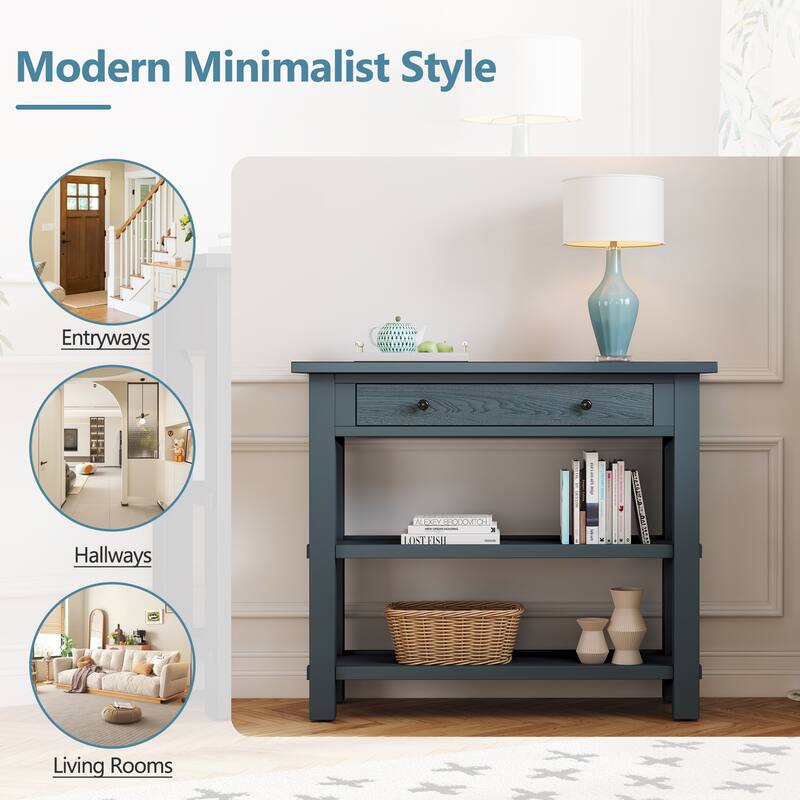 36" Retro Console Table with Drawer and Two Sturdy Shelves for Entryway or Living Room