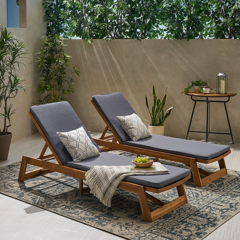 Maki Outdoor Acacia Wood Chaise Lounge Set (Set of 2) by Christopher Knight Home - Teak Finish with Dark Grey